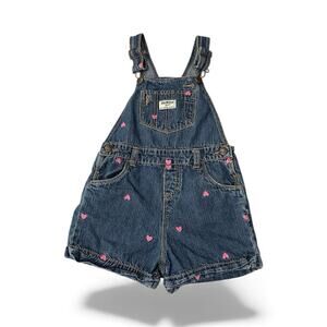 Oshkosh Bgosh Bib Shortall Overalls Size 5T Girls Blue Denim Pink Heart Vestbak